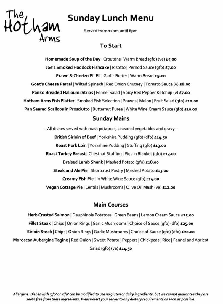 The Hotham Arms Sunday Lunch Menu